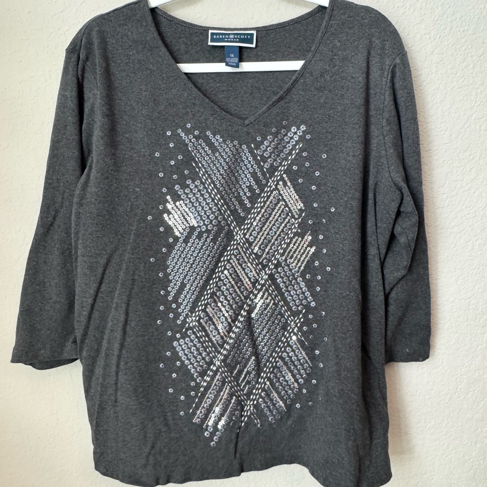 Karen Scott Dark Gray Sequin 3/4 Sleeve Top